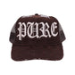 PAIN IS PURE 'PURE' LOGO NEEDLE REPAIR TRUCKER HAT BROWN/CREAM