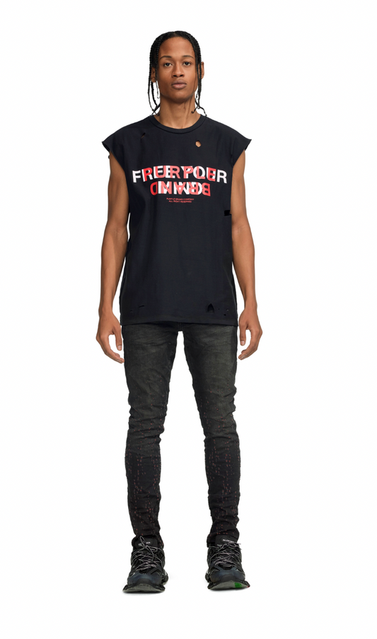 Purple Brand Textured Jersey Sleeveless Black Tee With White/Red Text