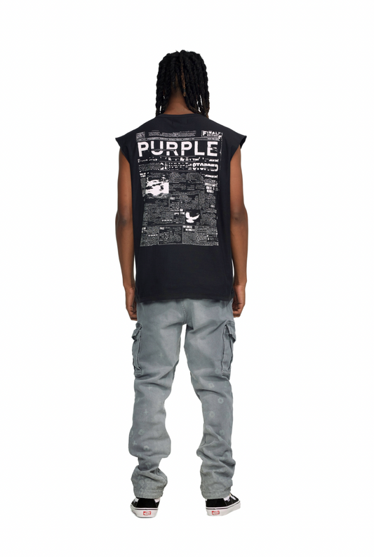 Purple Brand Newsletter Textured Jersey Sleeveless Tee Black/White