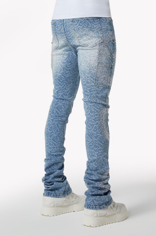 Guapi Aqua Blue Calligraphy Denim Jeans
