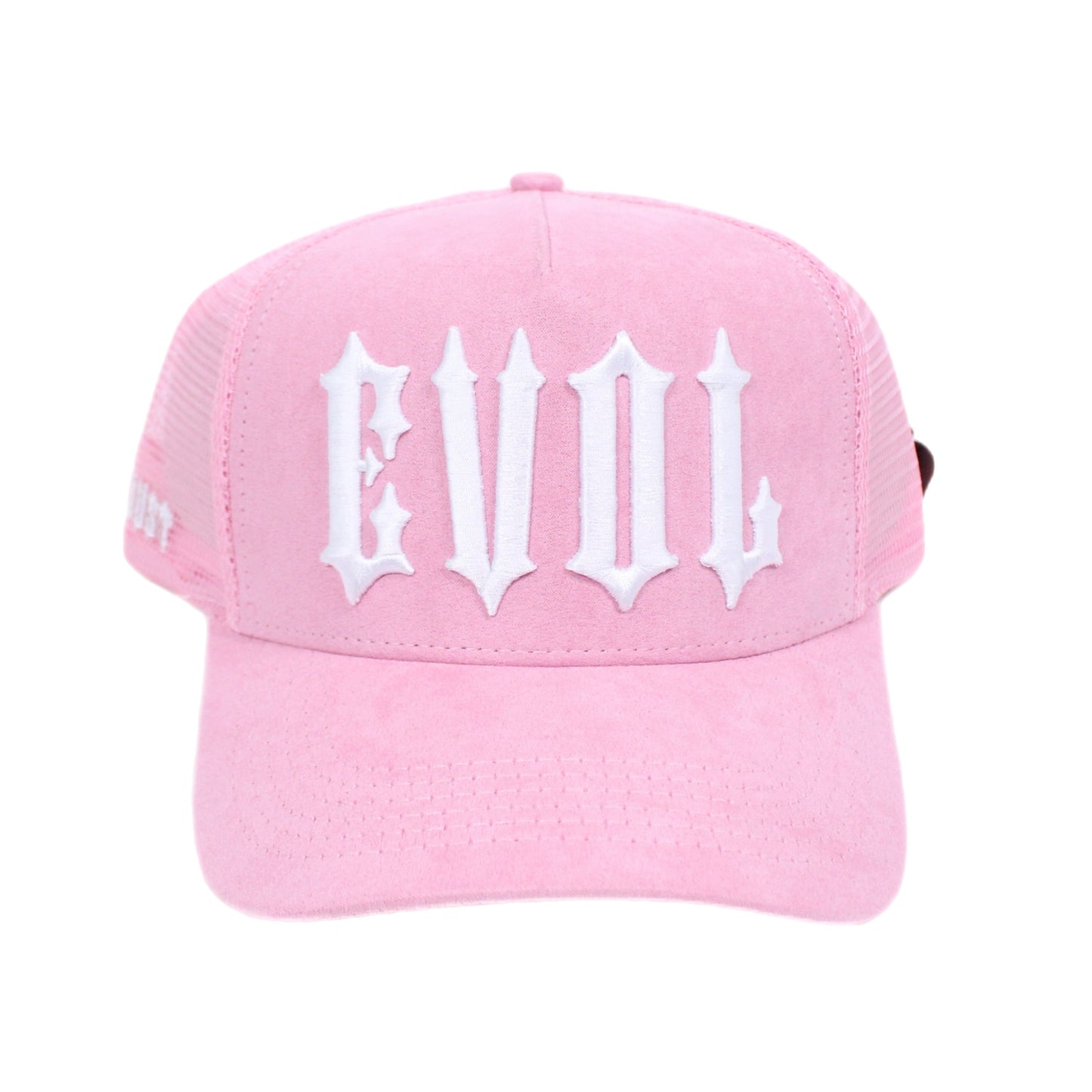 EVOL New Font Trucker Hat Pink/White (Suede Edition)