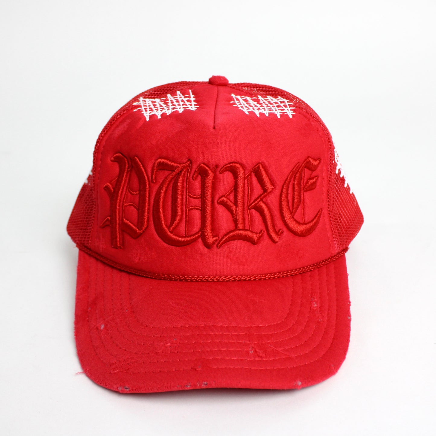 PAIN IS PURE 'PURE' LOGO NEEDLE REPAIR TRUCKER HAT RED/RED