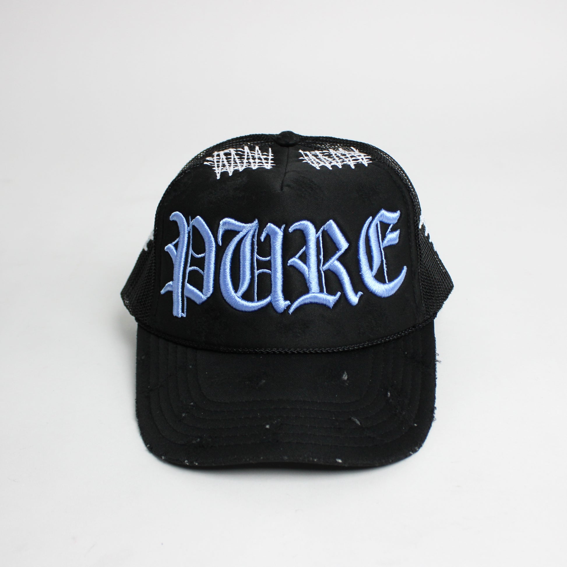 PAIN IS PURE PURE LOGO NEEDLE REPAIR TRUCKER HAT BLACK BLUE