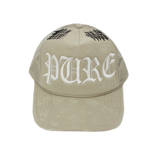 PAIN IS PURE 'PURE' LOGO NEEDLE REPAIR TRUCKER HAT TAN/CREAM
