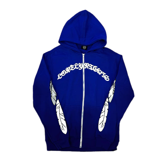Lonely Nights Curved Logo Wings Zip-Up Hoodie Royal Blue/White
